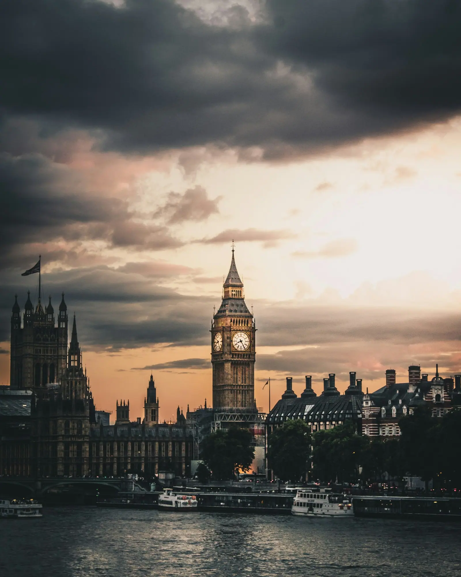 Big Ben and the Houses of Parliament across the Thames at sunset