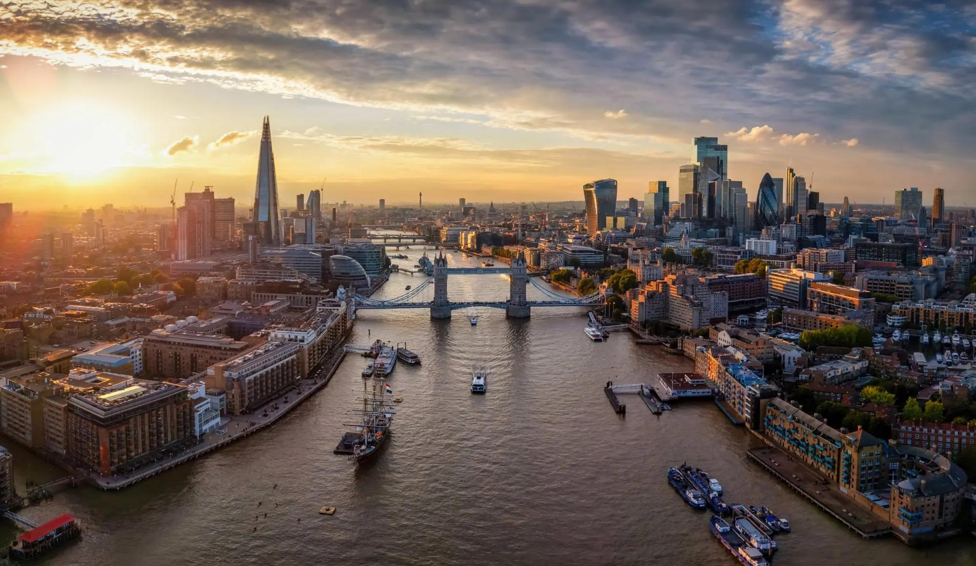The Thames, Tower Bridge and the City of London at sunset