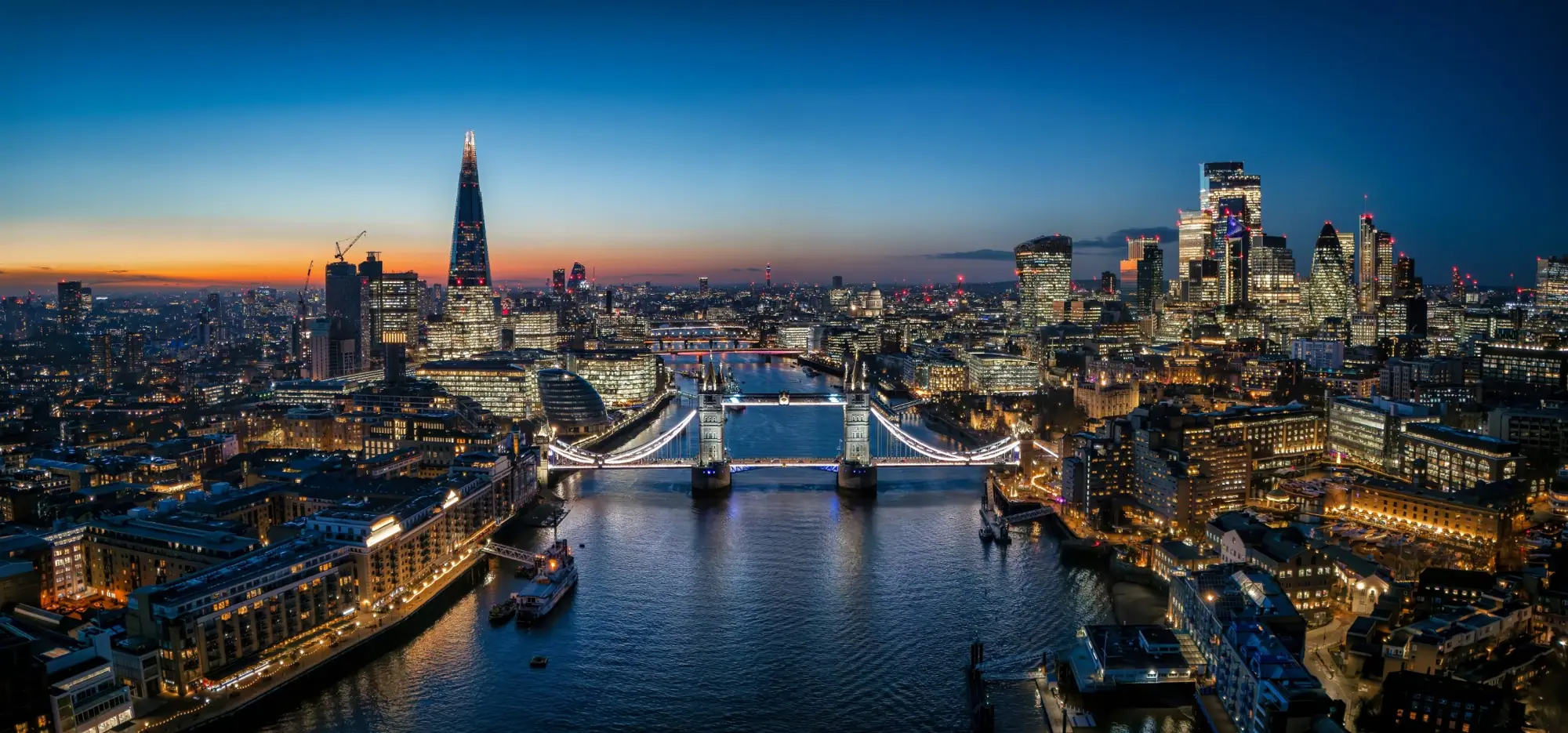 Tower Bridge, the Shard and the City of London at dusk